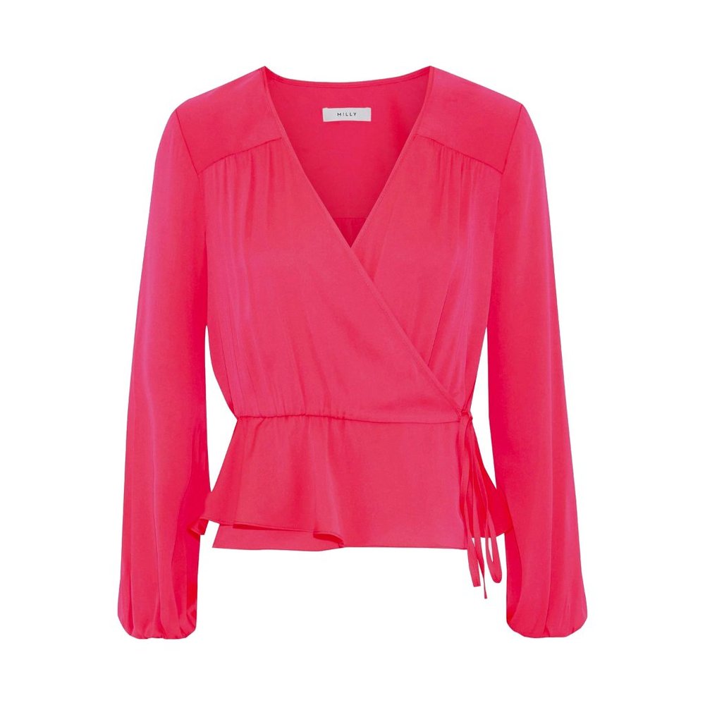 NWT Womens Size 6 Milly Hot Pink Kia Stretch-silk Crepe De Chine Peplum Wrap Top
